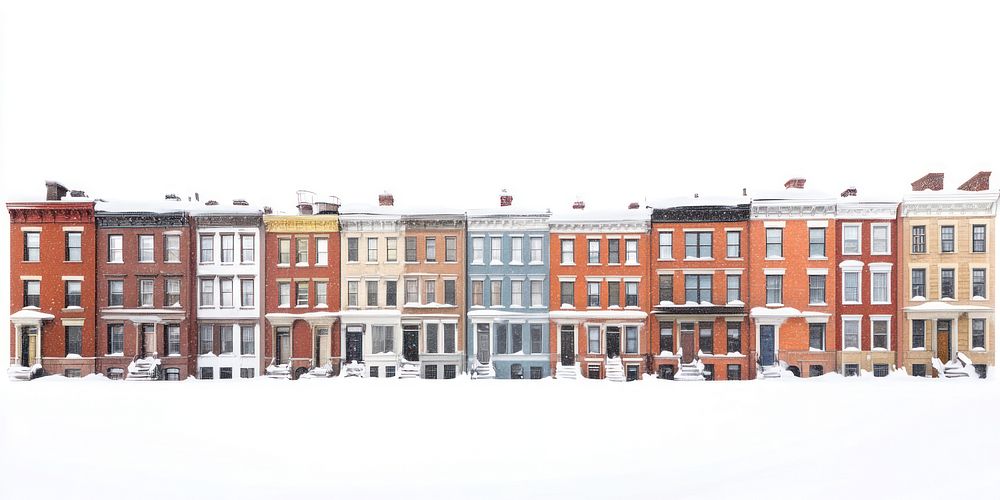 American city buildings architecture houses snow.