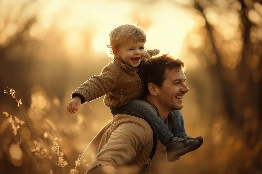 Father and son happy outdoors nature.