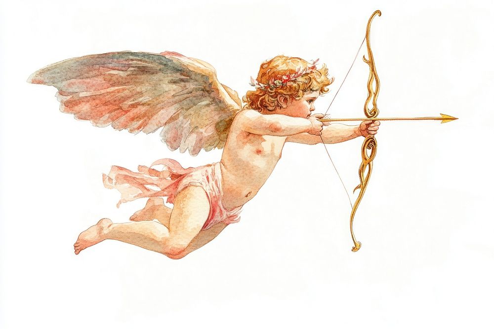 A cupid shooting an arrow watercolor bow illustration.