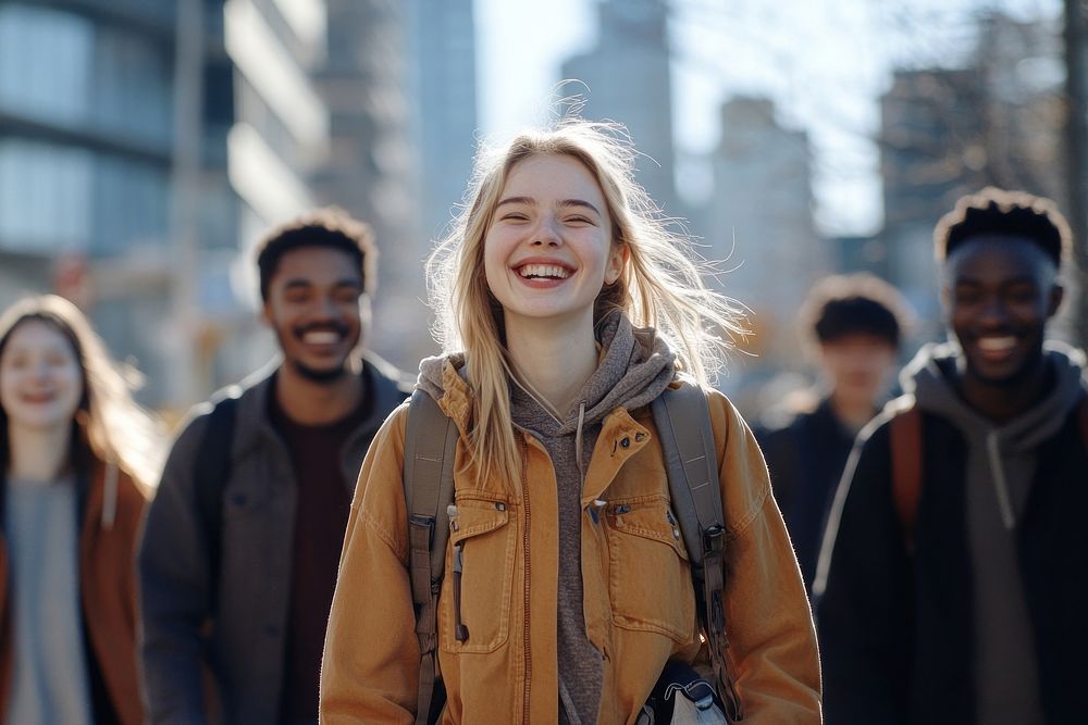 Five students walking down the street happy background clothing.