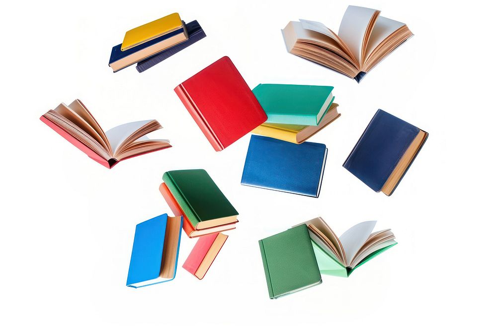 Colorful hardcover books flying colorful covers publication.