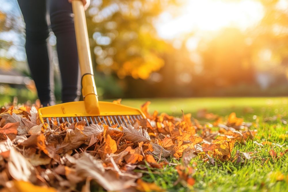 A person raking up leaves in the backyard autumn grass rake.