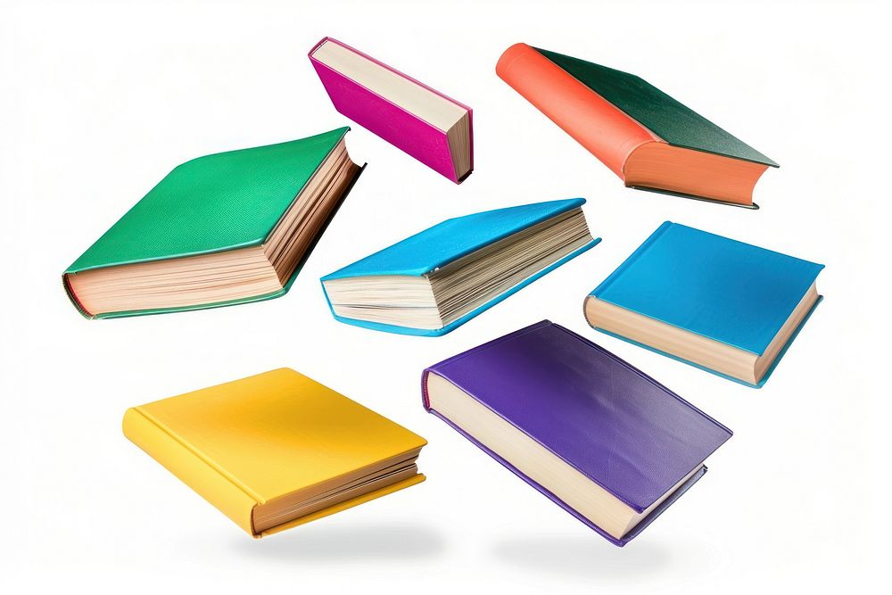 Colorful hardcover books flying colorful isolated covers.