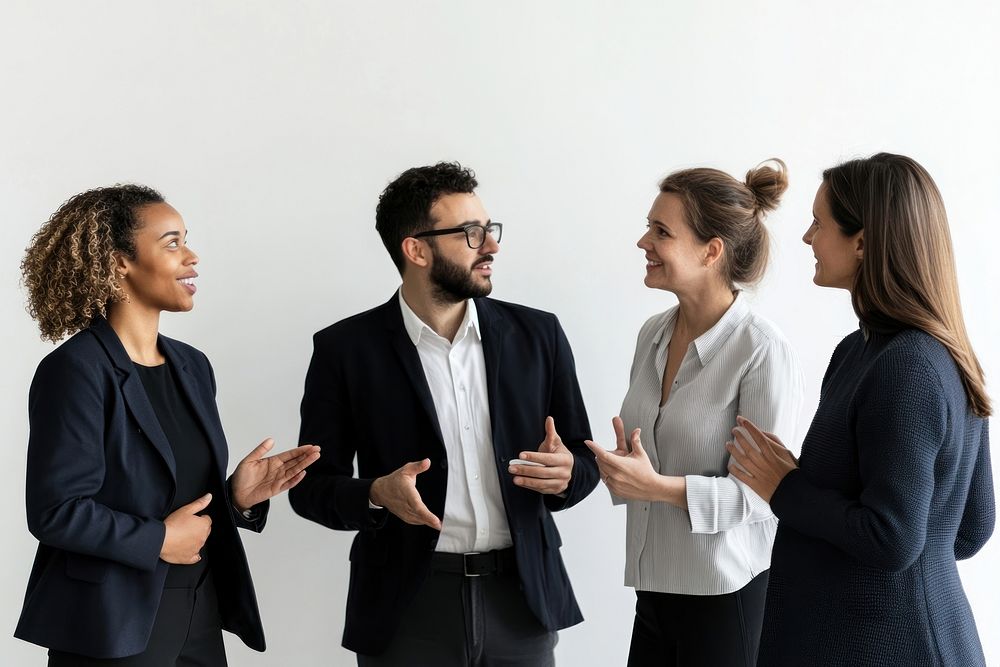 5 modern business people talking person team collaboration.