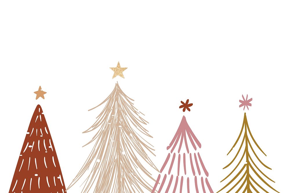 Illustration of five stylized Christmas trees in various colors. Christmas trees with stars, gold, and pink. Holiday trees…