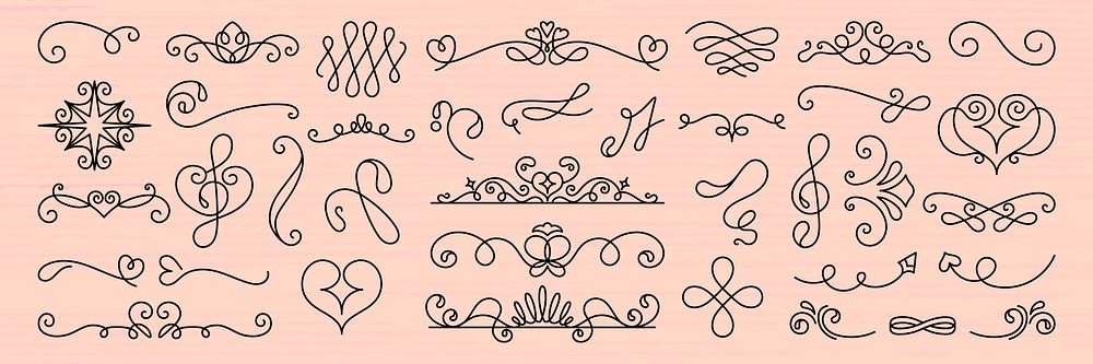 Elegant decorative flourishes and swirls in black on a beige background. Ornamental swirls and flourishes create a vintage…