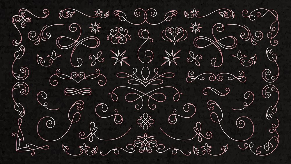 Elegant decorative flourishes and swirls on a dark background. Flourishes include loops, curves, and ornate designs. Swirls…