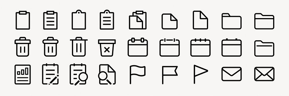 Set of 24 minimalist office icons. Includes clipboard, folder, trash, calendar, and flag icons. Simple line design for…