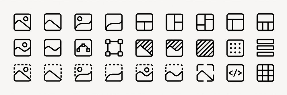 Set of 24 minimalist icons. Icons include image, layout, and design tools. Simple, clean, and versatile icons for digital…