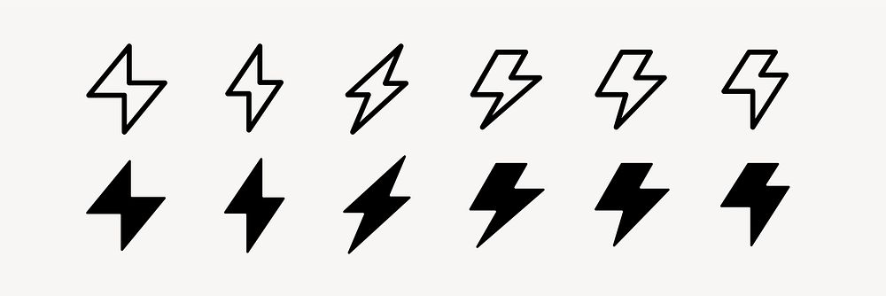 A series of black lightning bolt icons in various styles. Lightning bolt symbols repeated in different thicknesses…