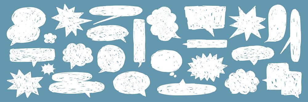 A collection of white speech bubbles and thought clouds on a blue background. Speech bubbles and thought clouds in various…