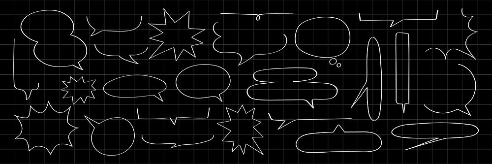 Collection of speech bubbles in various shapes on a black grid background. Speech bubbles in different styles for comics or…