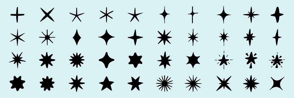 Collection of 40 black star shapes on a light blue background. Various star designs include starbursts, star outlines, and…