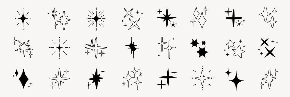 A collection of star icons in various shapes and styles. Star icons feature different designs, with stars and sparkles.…