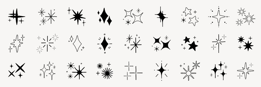 A collection of 30 black star and sparkle icons in various shapes and styles. These star icons and sparkle icons add a…