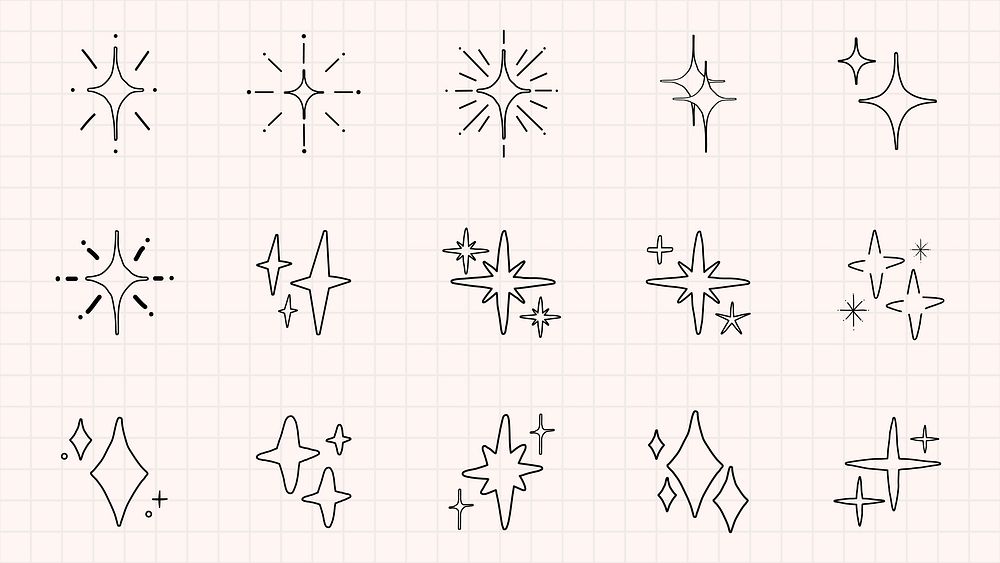 Set of 15 hand-drawn star icons on grid paper. Star icons vary in shape and size. Perfect for design projects needing star…