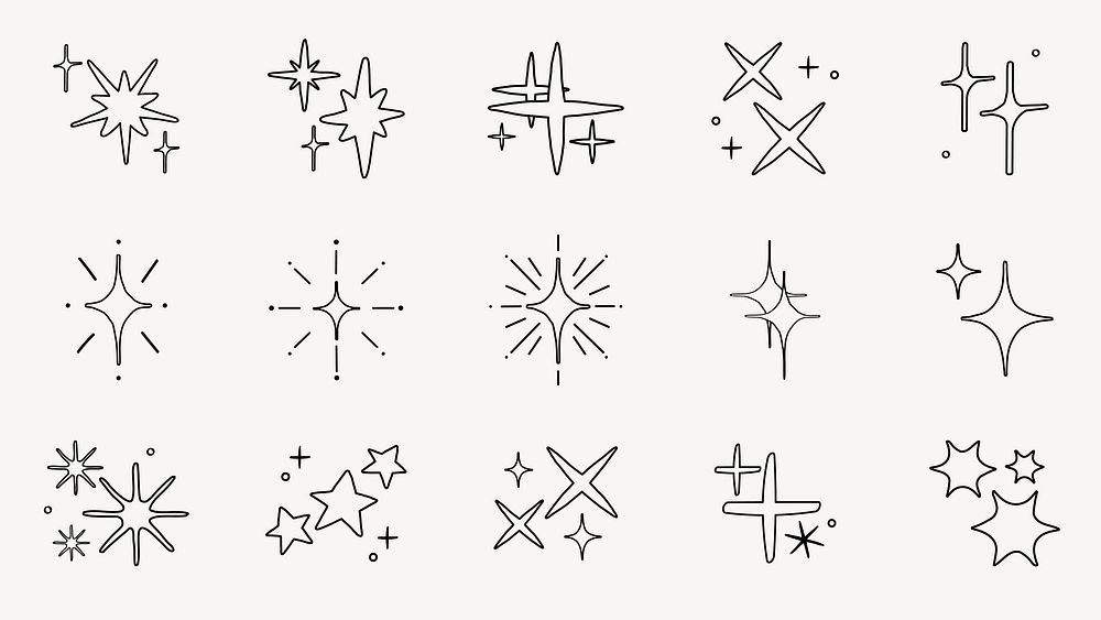 Set of star and sparkle icons. Various star shapes, sparkle designs, and twinkling patterns. Simple line art of stars and…