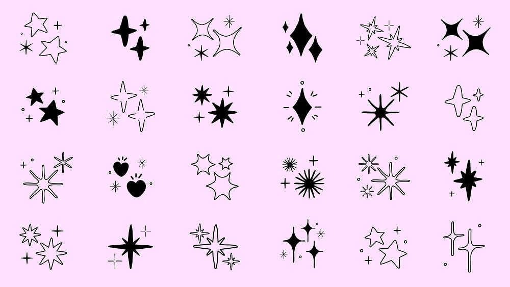 Collection of black star and sparkle icons on a pink background. Various star shapes and sparkles create a whimsical…