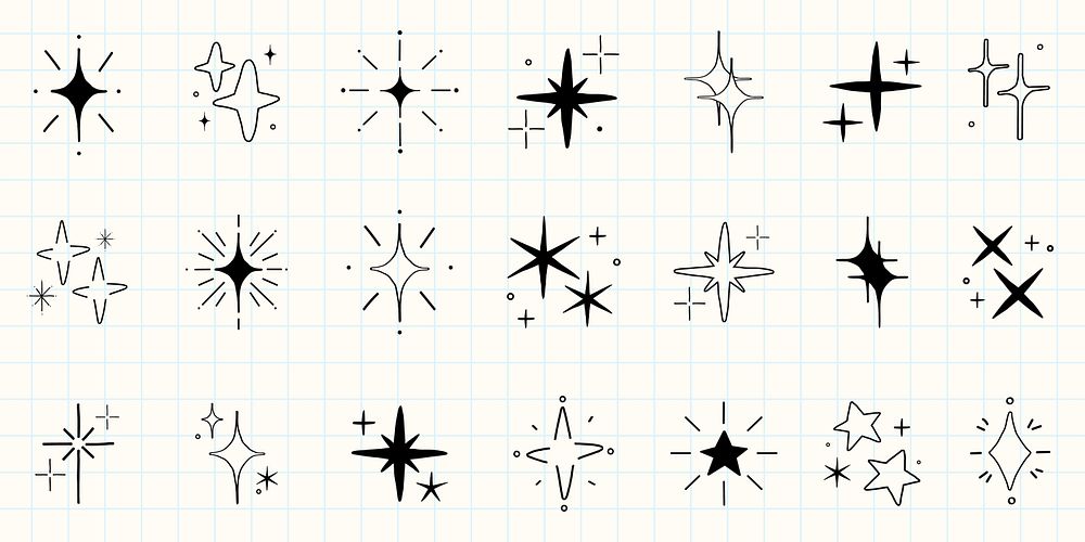 Set of hand-drawn star doodles. Stars in various styles, black and white star designs. Perfect for star-themed projects…