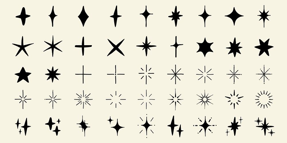 A collection of 36 black star shapes on a light background. Various star designs include sharp, rounded, and geometric…