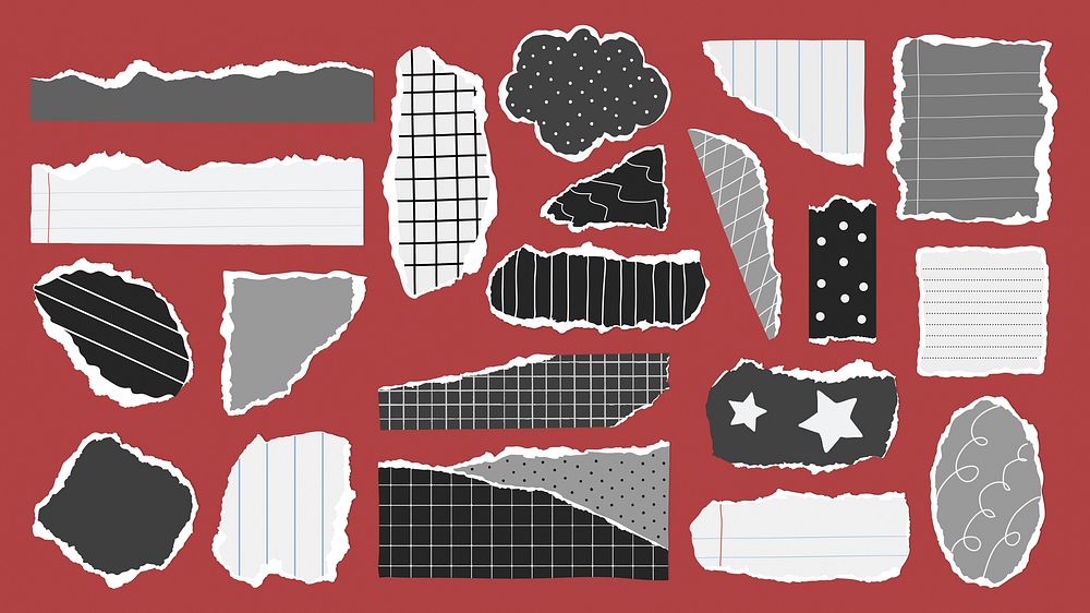 A collection of torn paper scraps with various patterns on a red background. Includes lined, grid, and polka dot designs in…