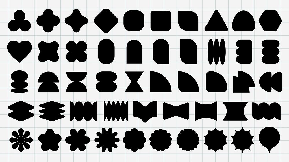 A collection of abstract black shapes on a grid background. Includes geometric forms like circles, squares, and triangles.…