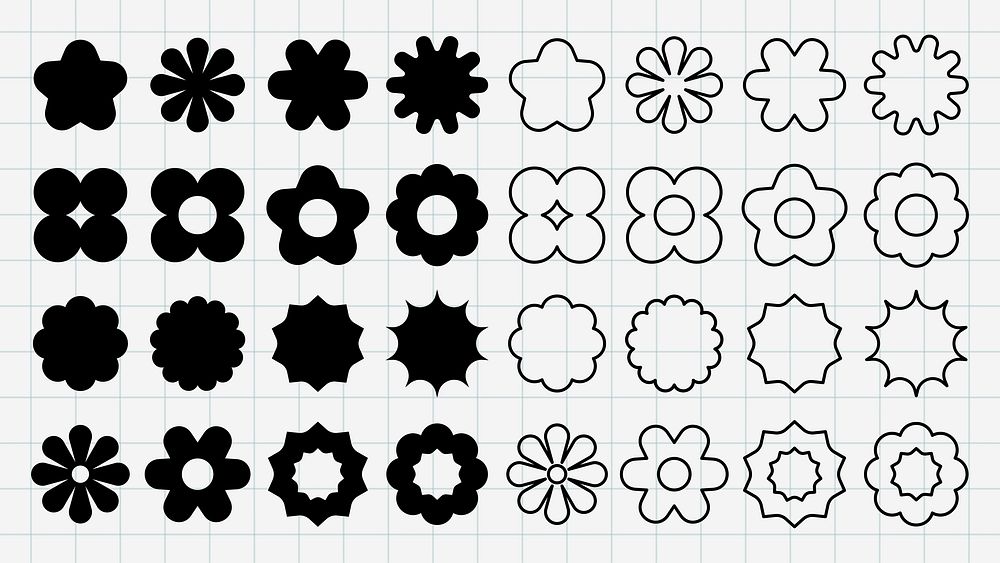 Grid of black and white floral shapes. Various floral patterns, floral designs, and floral motifs. Repeated floral elements…