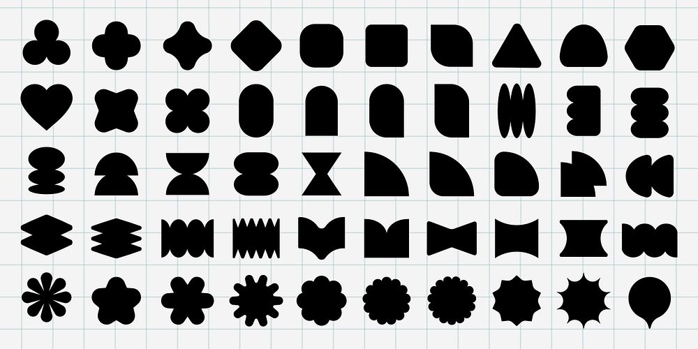 A grid of abstract black shapes, including circles, squares, and triangles. Various geometric shapes on a grid. Abstract…