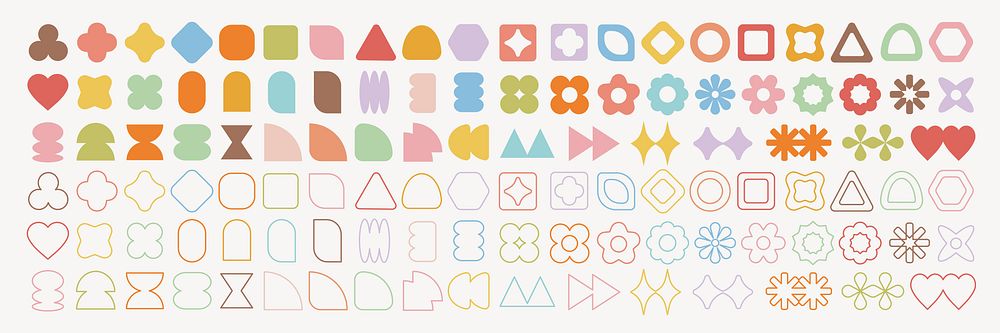 Colorful geometric shapes in various forms, including hearts, circles, and triangles. Geometric shapes create patterns and…