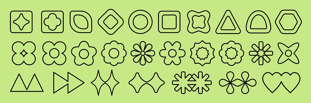 Vectors. A collection of geometric shapes on a green background. Includes circles, triangles, hexagons, and floral patterns.…