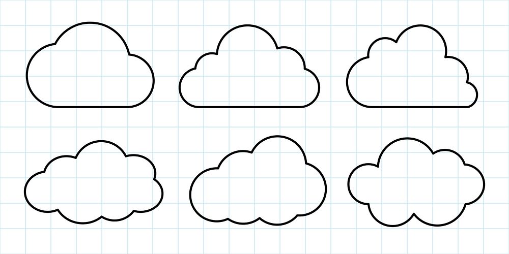 Set of six cloud outlines on grid paper. Cloud shapes vary slightly. Simple cloud designs on grid. Perfect for cloud-themed…