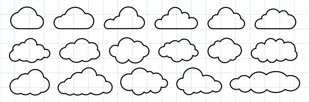 A grid of cloud icons in various shapes. Simple cloud designs on a lined background. Cloud shapes in a row, outlined in…