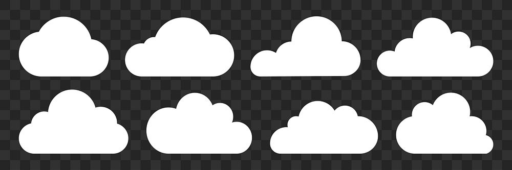 Set of eight white cloud icons on a transparent background. Cloud shapes vary, ideal for weather, sky, or cloud-themed…