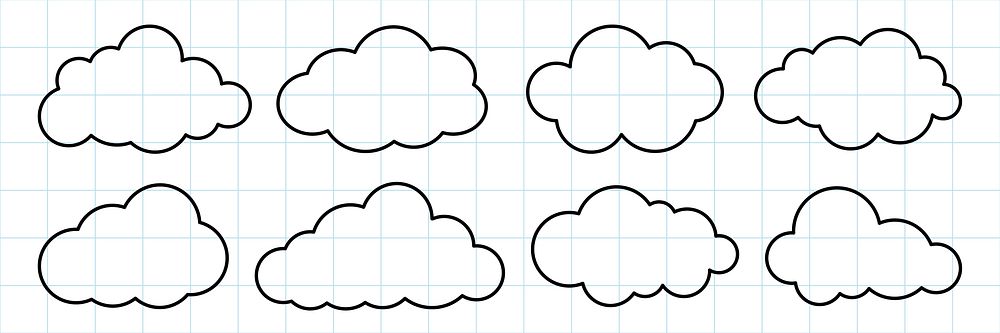 Simple cloud illustrations on grid paper. Eight cloud designs, each cloud outlined in black. Clouds on grid, perfect for…