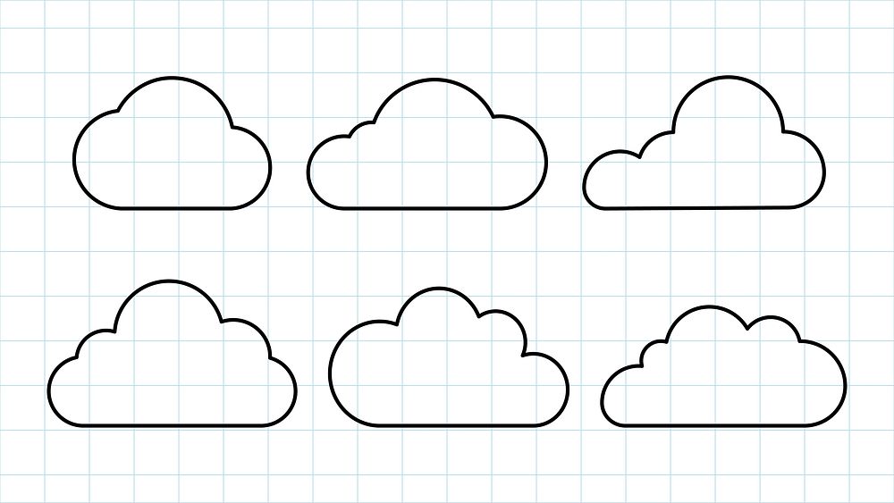 Simple cloud outlines on grid paper. Cloud shapes vary in size. Cloud outlines are bold. Grid paper background. Cloud…