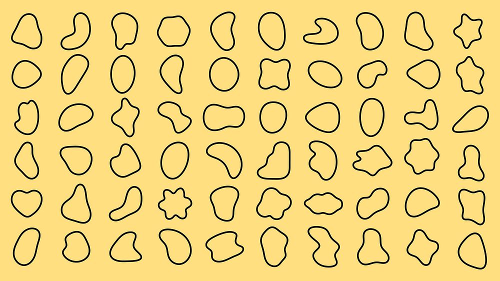 Abstract shapes pattern on yellow background. Various abstract shapes in black outline. Repeated abstract shapes create a…