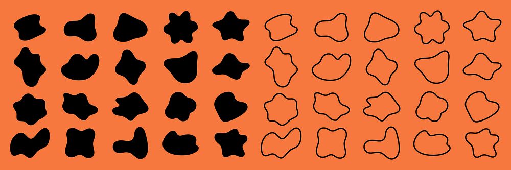 Abstract shapes in black and outline form on an orange background. Various abstract shapes, black and outlined, create a…