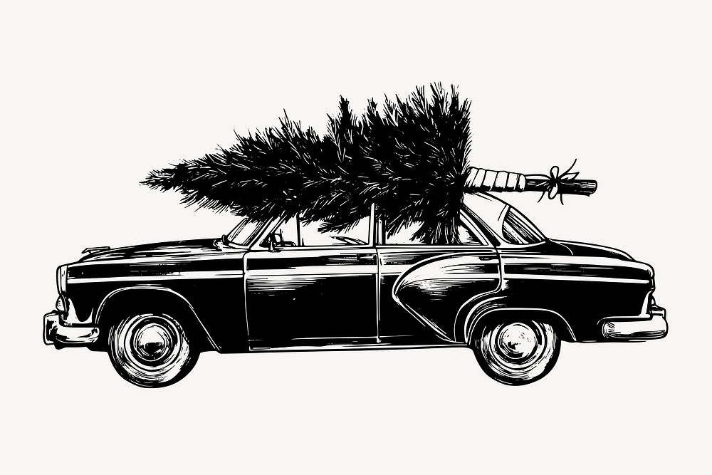 Vintage car carrying Christmas tree, old school tattoo vector