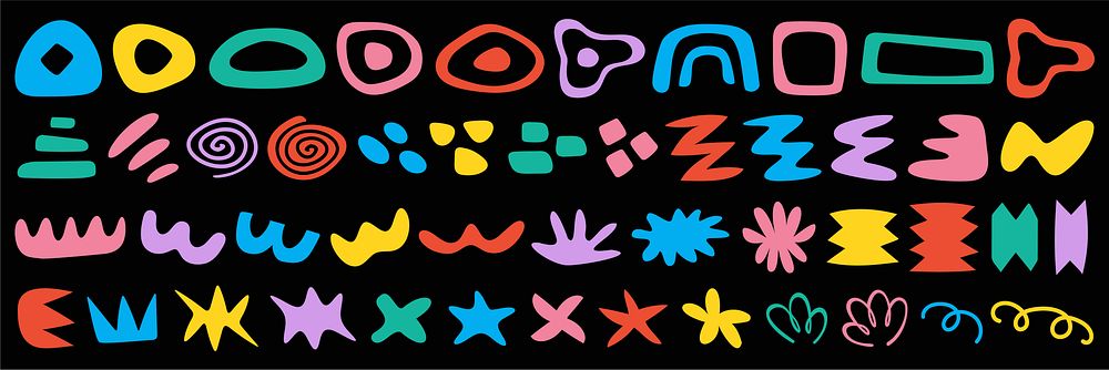 Colorful abstract shapes in various forms and colors on a black background. Abstract shapes include swirls, zigzags, and…