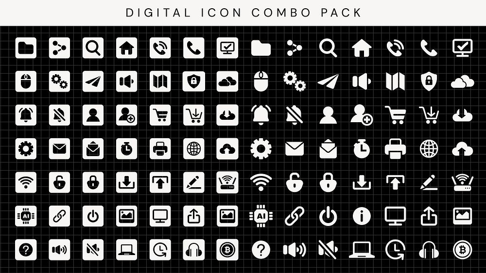 Digital icon combo pack with various icons. Icons include home, email, phone, and more. Versatile digital icons for web and…