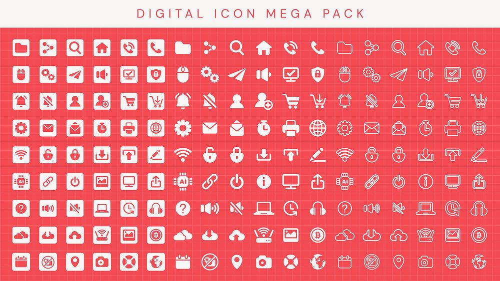 Digital icon mega pack with diverse icons. Icons include communication, security, and media. Versatile icons for digital…