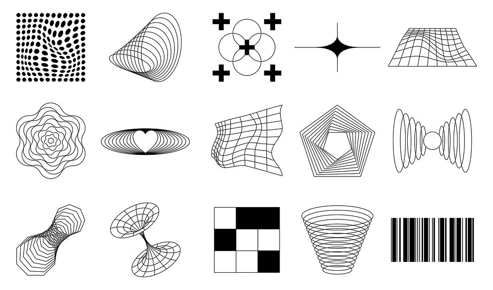 Collection of geometric patterns and optical illusions. Features spirals, grids, and abstract shapes. Geometric designs…