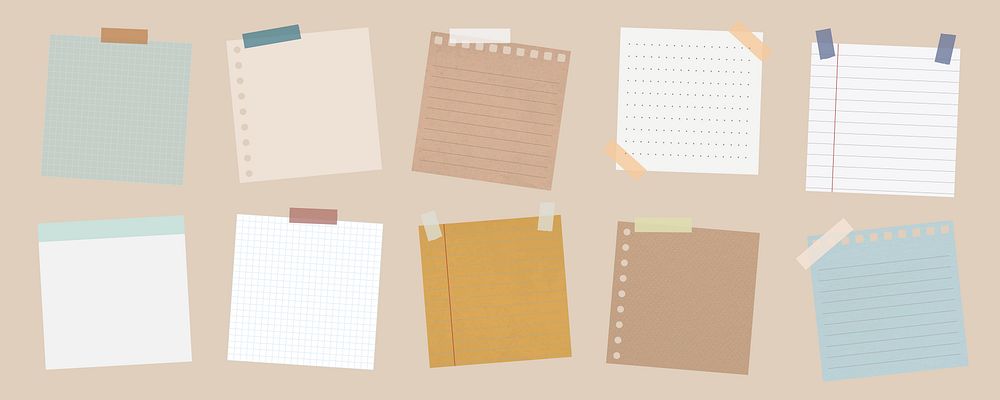 A collection of colorful sticky notes and paper sheets. Includes lined, grid, and plain designs. Sticky notes and paper…