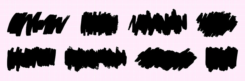 Eight black brush strokes on a light pink grid background. Brush strokes vary in shape and size. Artistic brush strokes…