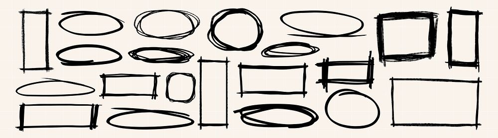 Collection of hand-drawn black frames. Sketchy, irregular shapes. Oval and rectangular frames. Black frames on a light…