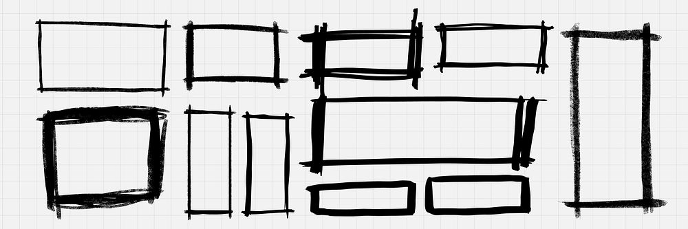 Set of hand-drawn black rectangles on a grid background. Various rectangle shapes and sizes. Sketchy rectangle frames in…