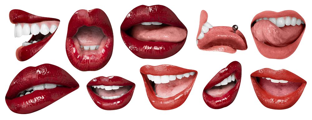 Collage of various lips in different expressions. Red lips, open mouths, tongues. Lipstick, teeth, and lips in diverse…