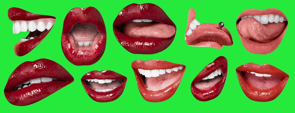 Collage of lips with red lipstick on a green background. Various expressions and angles. Lips with red lipstick, vibrant and…