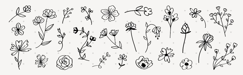 A collection of hand-drawn floral illustrations featuring various flowers and leaves. These floral designs showcase simple…