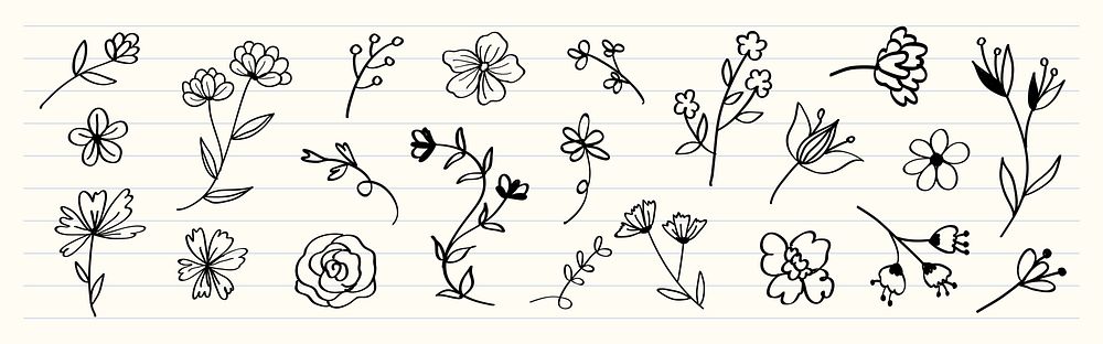 Hand-drawn floral doodles on lined paper. Various flower sketches, simple and artistic. Black and white floral designs…